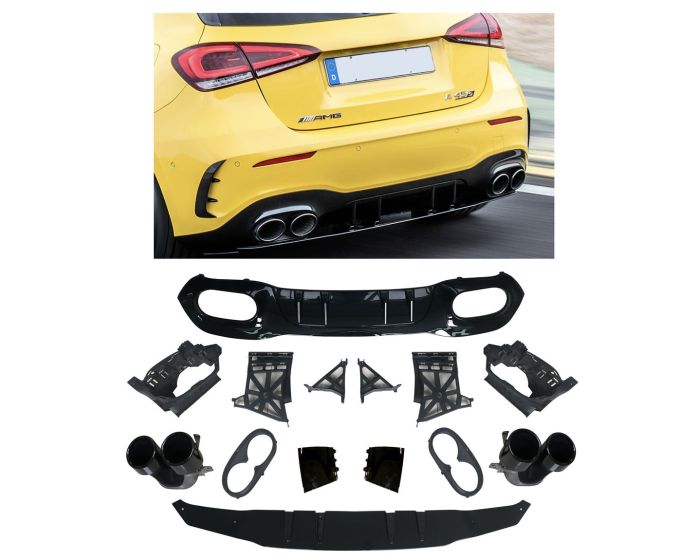Mercedes W177 A45 style Diffuser Hatchback AMG-Line + uitlaatstukken zwart