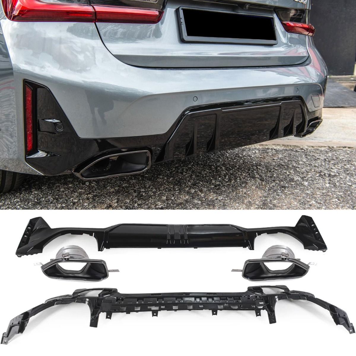 Diffuser + Uitlaatstukken BLACK voor BMW 3 Serie G20 Facelift M-Paket | 2022-2026